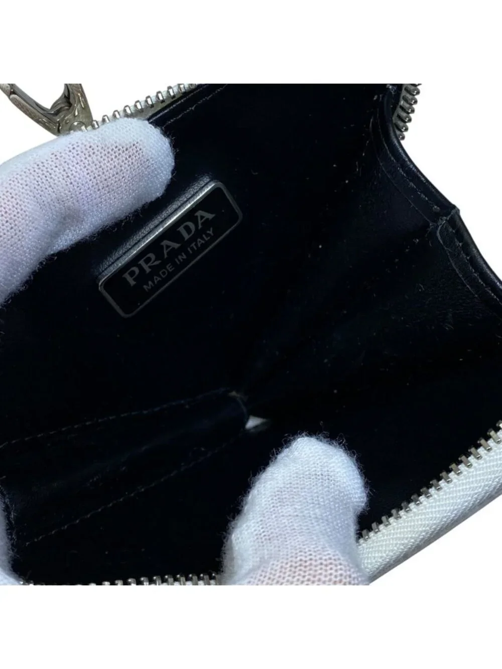 Prada Pouch Coin Purse Triangle Logo Leather White Silver Practical Daily